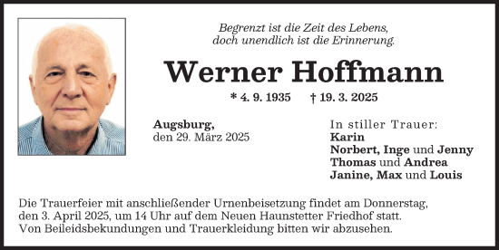 Traueranzeige von Werner Hoffmann von Augsburger Allgemeine