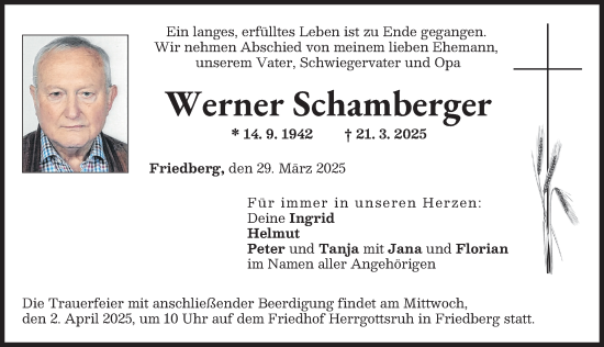 Traueranzeige von Werner Schamberger von Friedberger Allgemeine