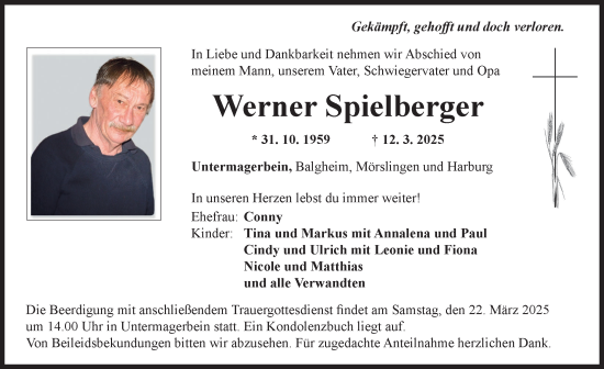 Traueranzeige von Werner Spielberger von Rieser Nachrichten