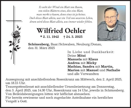 Traueranzeige von Wilfried Oehler von Neuburger Rundschau