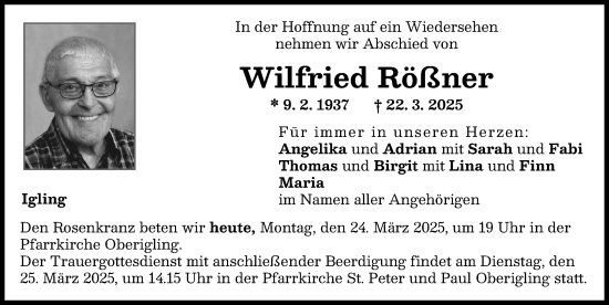 Traueranzeige von Wilfried Rößner von Landsberger Tagblatt