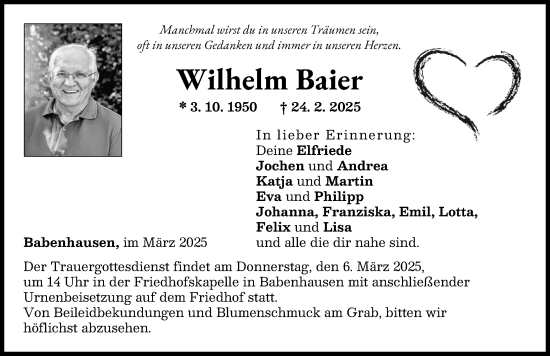 Traueranzeige von Wilhelm Baier von Illertisser Zeitung