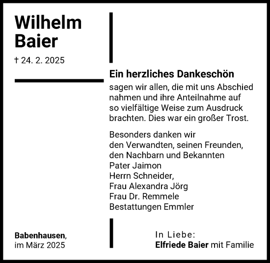 Traueranzeige von Wilhelm Baier von Illertisser Zeitung