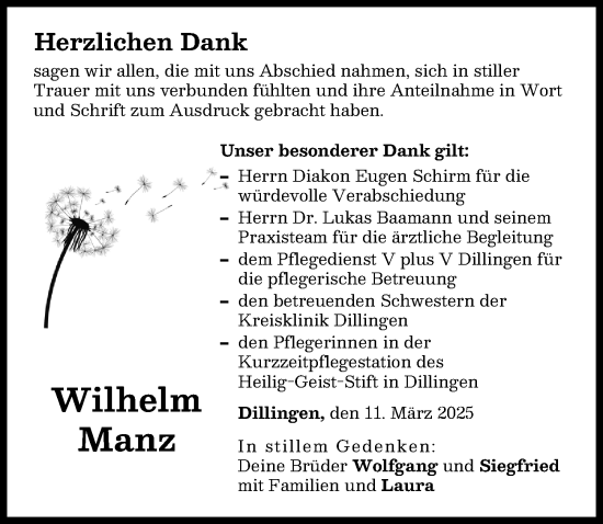 Traueranzeige von Wilhelm Manz von Donau Zeitung