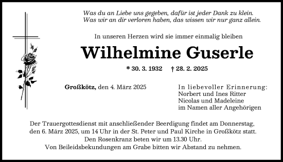 Traueranzeige von Wilhelmine Guserle von Günzburger Zeitung