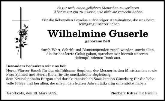 Traueranzeige von Wilhelmine Guserle von Günzburger Zeitung