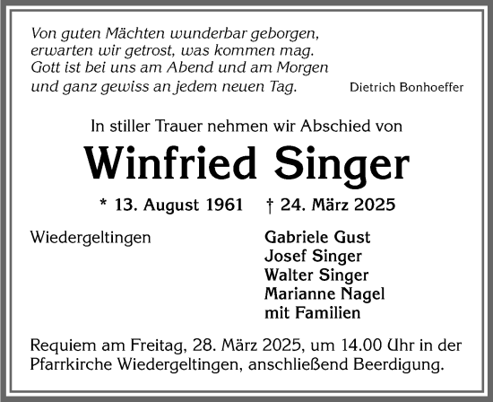 Traueranzeige von Winfried Singer von Mindelheimer Zeitung