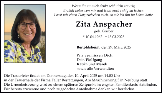 Traueranzeige von Zita Anspacher von Neuburger Rundschau