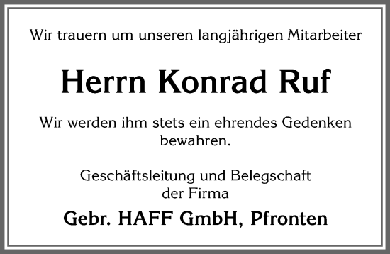 Traueranzeige von Konrad Ruf von Allgäuer Zeitung, Füssen