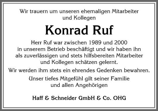 Traueranzeige von Konrad Ruf von Allgäuer Zeitung, Füssen