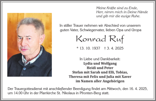 Traueranzeige von Konrad Ruf von Mindelheimer Zeitung