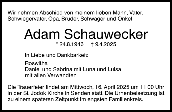 Traueranzeige von Adam Schauwecker von Augsburger Allgemeine, Neu-Ulmer Zeitung