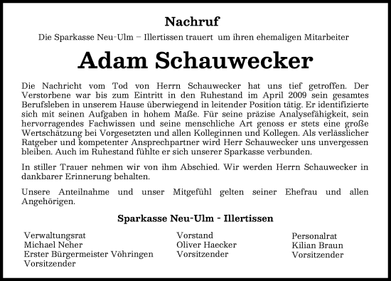 Traueranzeige von Adam Schauwecker von Neu-Ulmer Zeitung