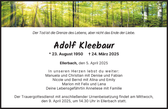 Traueranzeige von Adolf Kleebaur von Donau Zeitung