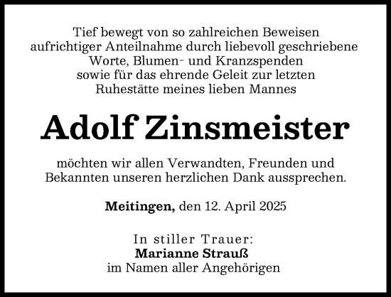Traueranzeige von Adolf Zinsmeister von Augsburg-Land