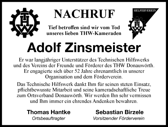 Traueranzeige von Adolf Zinsmeister von Donauwörther Zeitung