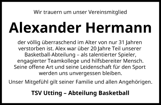 Traueranzeige von Alexander Hermann von Landsberger Tagblatt