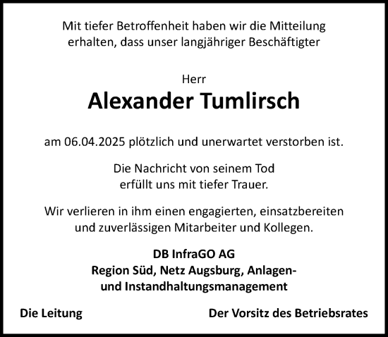 Traueranzeige von Alexander Tumlirsch von Augsburger Allgemeine