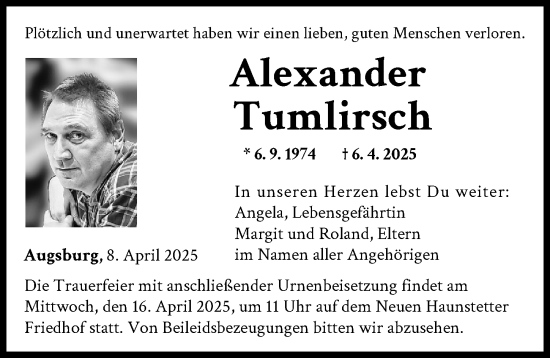 Traueranzeige von Alexander Tumlirsch von Augsburger Allgemeine