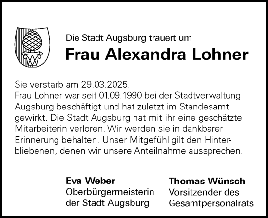 Traueranzeige von Alexandra Lohner von Augsburger Allgemeine