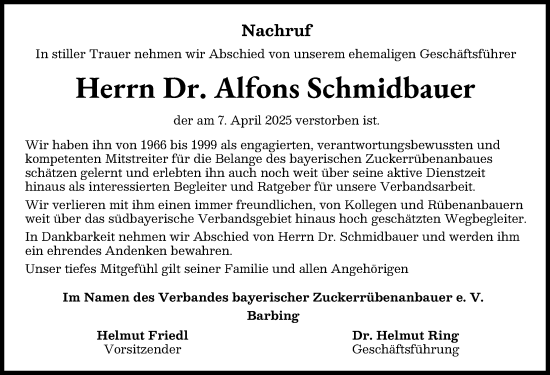 Traueranzeige von Alfons Schmidbauer von Donauwörther Zeitung