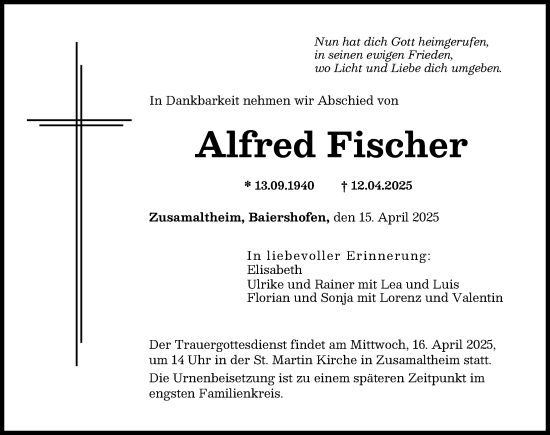Traueranzeige von Alfred Fischer von Wertinger Zeitung