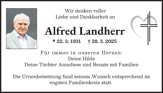 Traueranzeige von Alfred Landherr von Augsburger Allgemeine