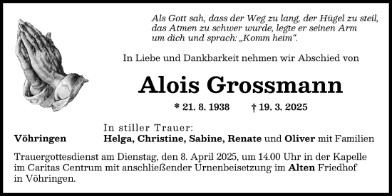 Traueranzeige von Alois Grossmann von Illertisser Zeitung
