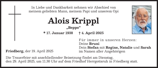 Traueranzeige von Alois Krippl von Friedberger Allgemeine