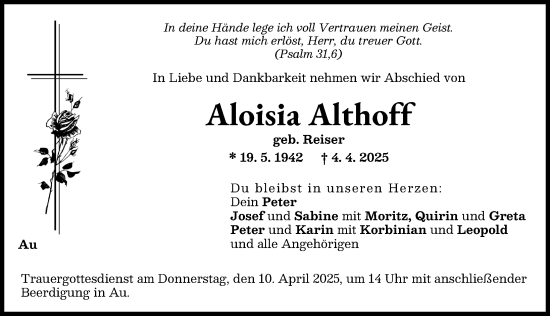 Traueranzeige von Aloisia Althoff von Illertisser Zeitung