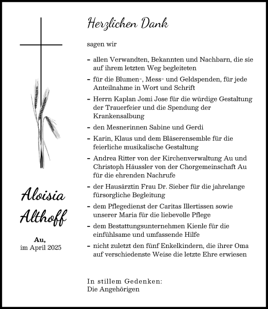 Traueranzeige von Aloisia Althoff von Illertisser Zeitung