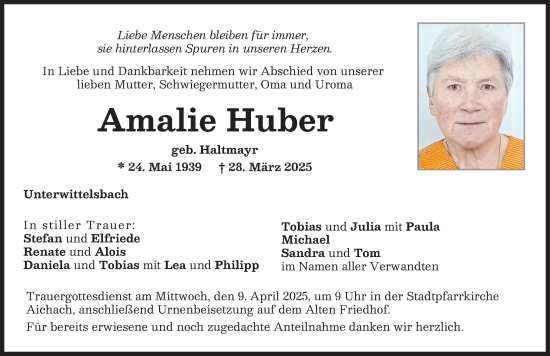Traueranzeige von Amalie Huber von Aichacher Nachrichten