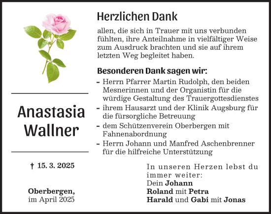 Traueranzeige von Anastasia Wallner von Landsberger Tagblatt