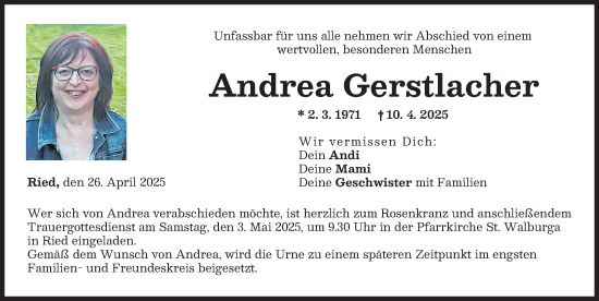 Traueranzeige von Andrea Gerstlacher von Friedberger Allgemeine