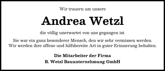 Traueranzeige von Andrea Wetzl von Landsberger Tagblatt