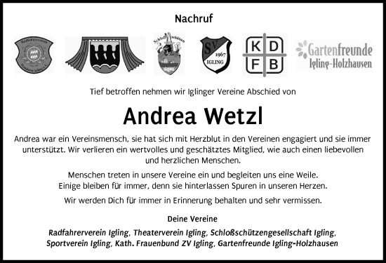 Traueranzeige von Andrea Wetzl von Landsberger Tagblatt