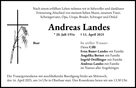 Traueranzeige von Andreas Landes von Aichacher Nachrichten