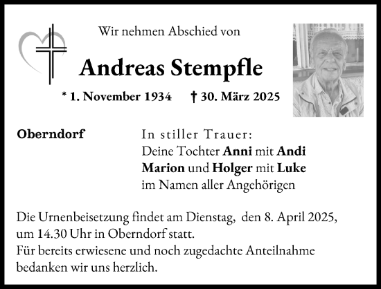 Traueranzeige von Andreas Stempfle von Donauwörther Zeitung