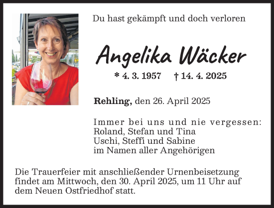 Traueranzeige von Angelika Wäcker von Aichacher Nachrichten, Augsburger Allgemeine