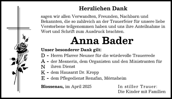 Traueranzeige von Anna Bader von Donauwörther Zeitung