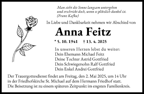 Traueranzeige von Anna Feitz von Augsburger Allgemeine