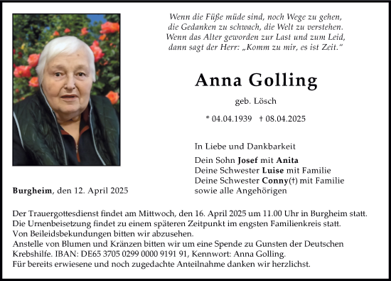 Traueranzeige von Anna Golling von Neuburger Rundschau