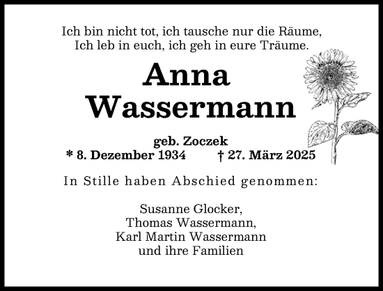 Traueranzeige von Anna Wassermann von Augsburger Allgemeine