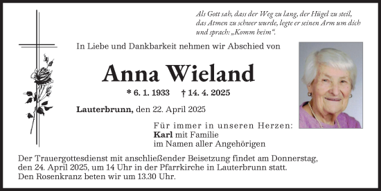 Traueranzeige von Anna Wieland von Augsburg-Land