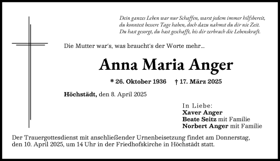 Traueranzeige von Anna Maria Anger von Donau Zeitung