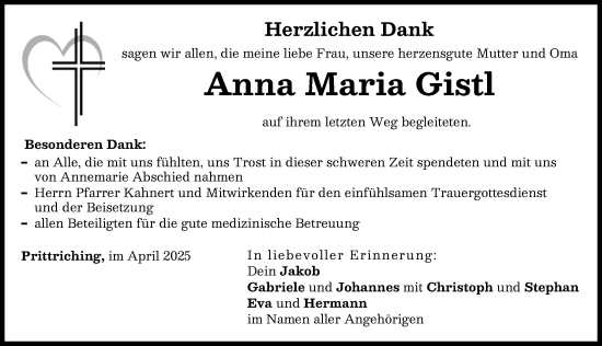 Traueranzeige von Anna Maria Gistl von Landsberger Tagblatt