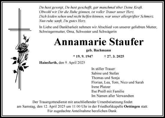 Traueranzeige von Annamarie Staufer von Rieser Nachrichten