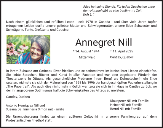 Traueranzeige von Annegret Nill von Augsburger Allgemeine