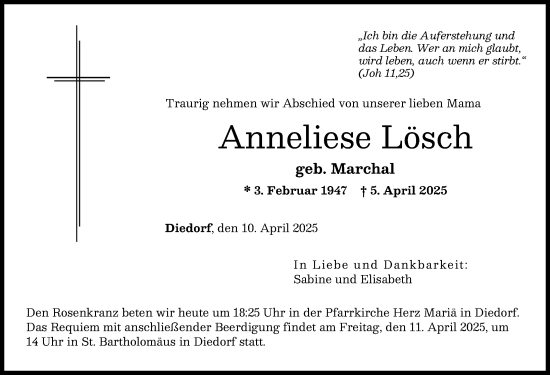 Traueranzeige von Anneliese Lösch von Augsburger Allgemeine