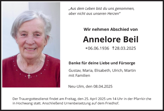 Traueranzeige von Annelore Beil von Günzburger Zeitung, Neu-Ulmer Zeitung